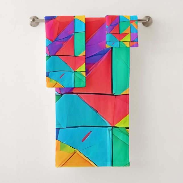 Vibrant Geometric Colour Blocks Art Bath Towel Set (Insitu)