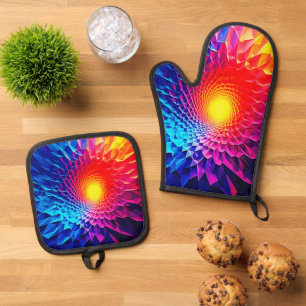 Vibrant Geometric Energy Vortex Art Oven Mitt & Pot Holder Set