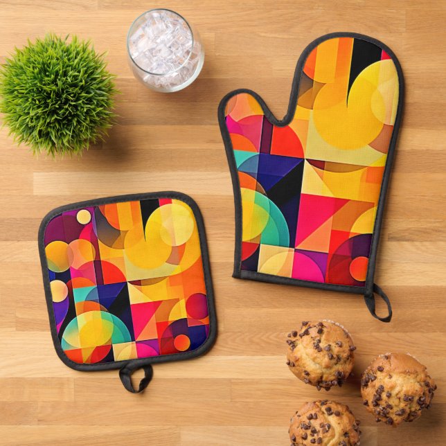 Vibrant Geometric Harmony Oven Mitt & Pot Holder Set (Top Down)