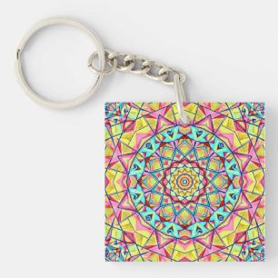Vibrant Geometric Kaleidoscope Pattern Key Ring