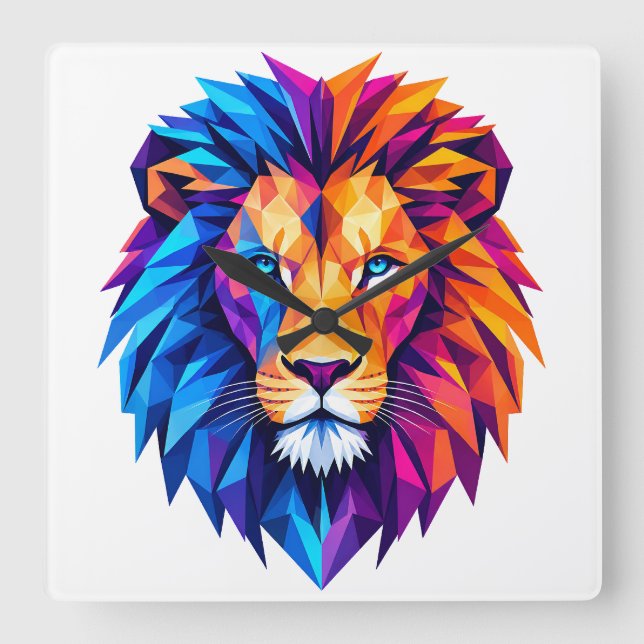 Vibrant Geometric Lion Art T-Shirt Square Wall Clock (Front)