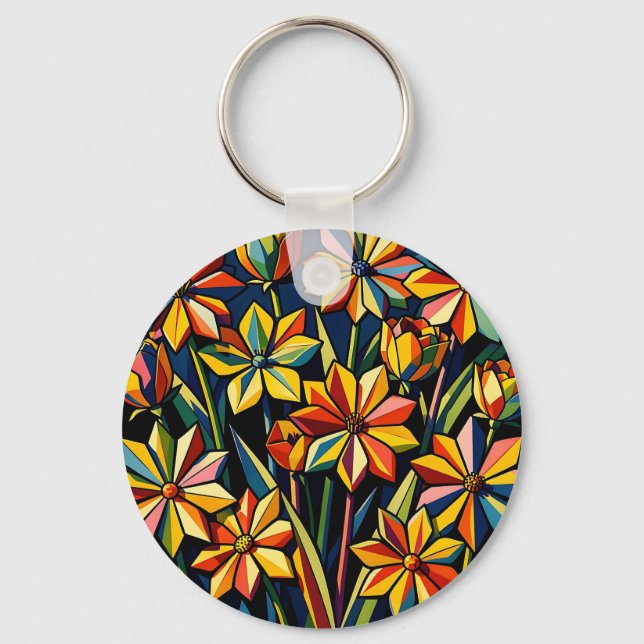Vibrant Geometric Rainbow Flower Bouquet Key Ring (Front)