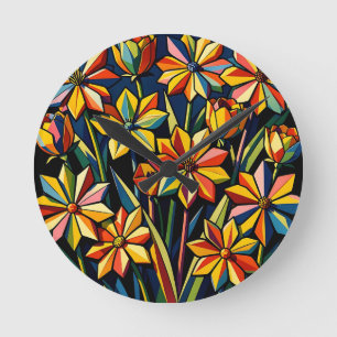 Vibrant Geometric Rainbow Flower Bouquet Round Clock