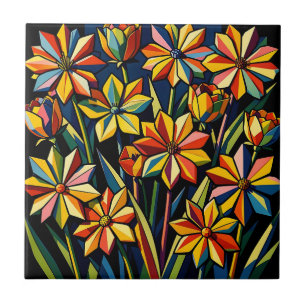 Vibrant Geometric Rainbow Flower Bouquet Tile