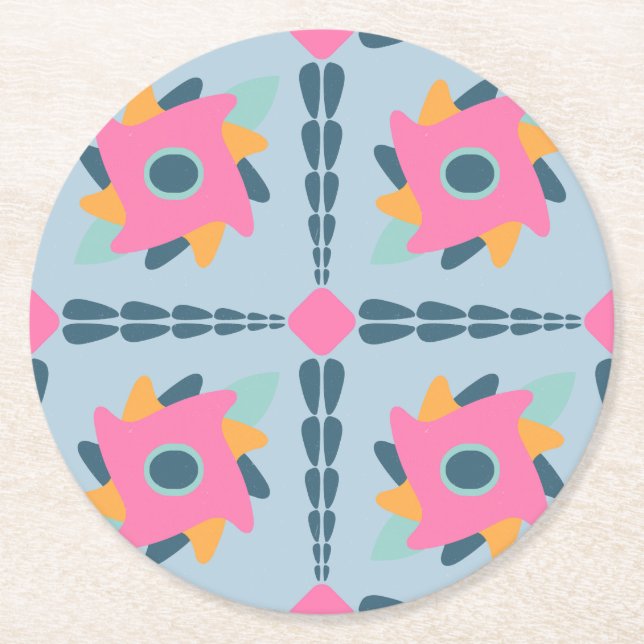 Vibrant Geometric Tile Design Round Paper Coaster (Front)