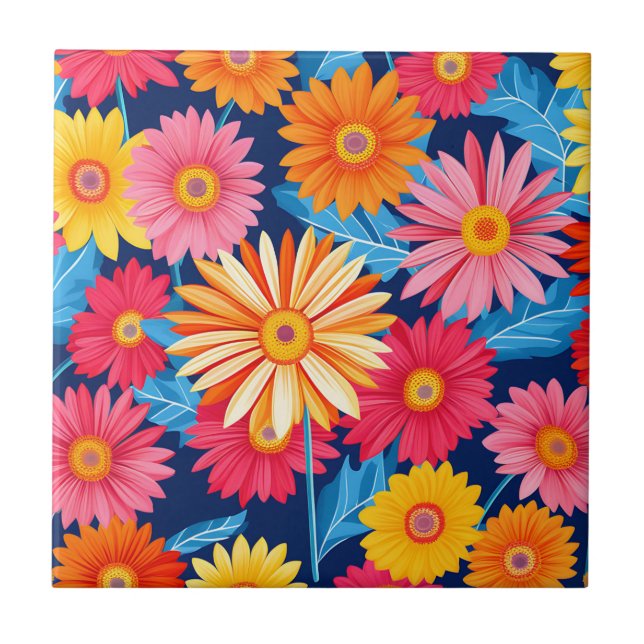Vibrant Gerbera Daisies Flowers Plant Tile (Front)