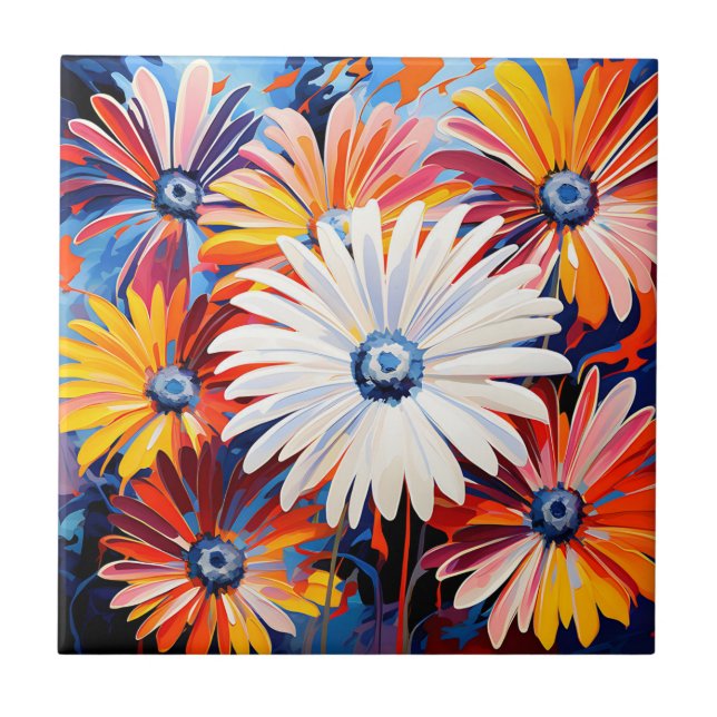 Vibrant Gerbera Daisies In Bold Abstract Tile (Front)