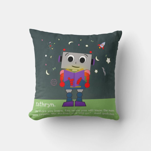 Vibrant Girl Robot Reading Pillow Add Custom Quote (Front)