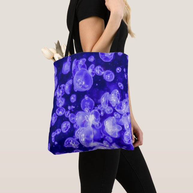 Vibrant Glowing Nautical Jellyfish Swarm Tote Bag (Close Up)