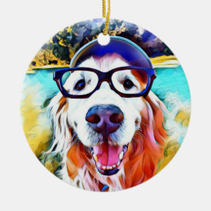 Vibrant Golden Retriever Nerd Glasses Painting Ceramic Tree Decoration