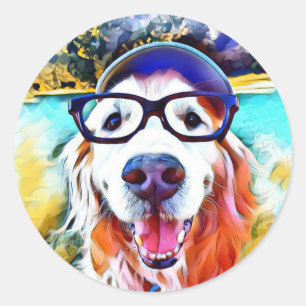 Vibrant Golden Retriever Nerd Glasses Painting Classic Round Sticker
