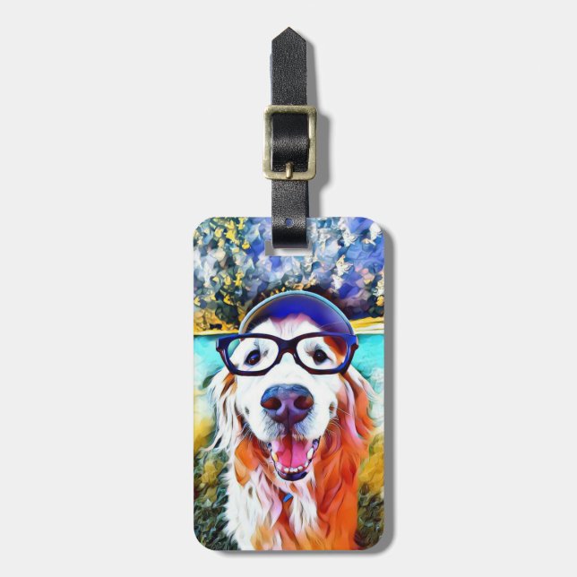 Vibrant Golden Retriever Nerd Glasses Painting Luggage Tag (Front Vertical)