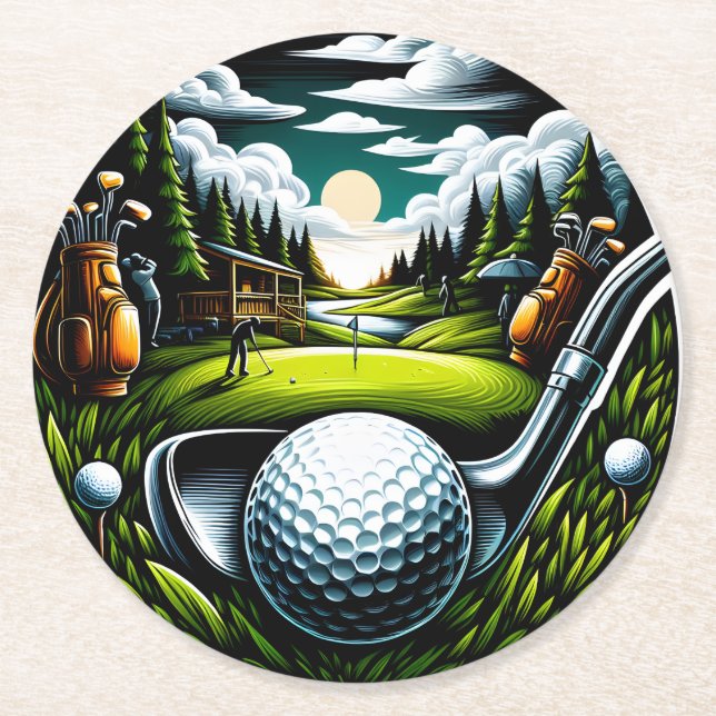 Vibrant Golf Landscape with Clubs and Balls Round Paper Coaster (Front)