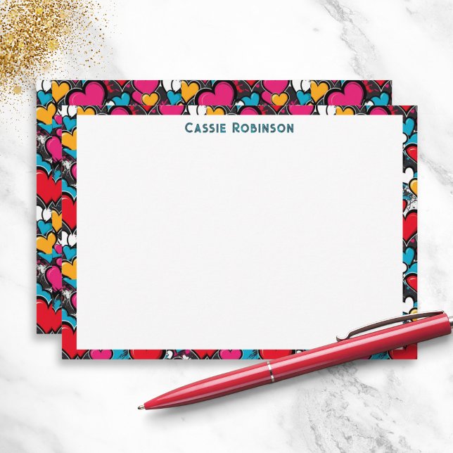 Vibrant Graffiti Hearts Colourful Personalised Card (A personalized note card, with colorful graffiti hearts design in a modern street art inspired style)