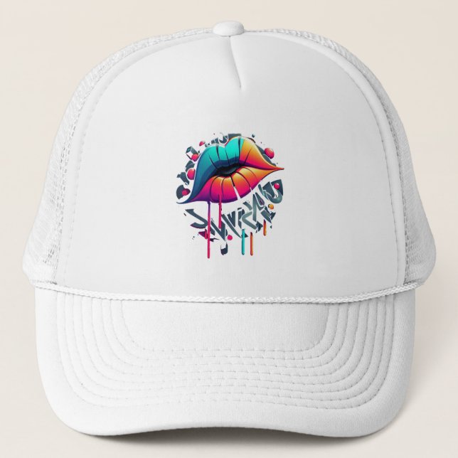 Vibrant Graffiti-Style Colourful Lips Trucker Hat (Front)