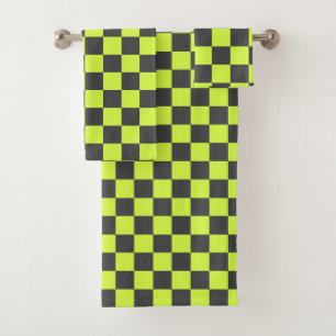 Vibrant Green and Grey Chequered Pattern Bath Towel Set