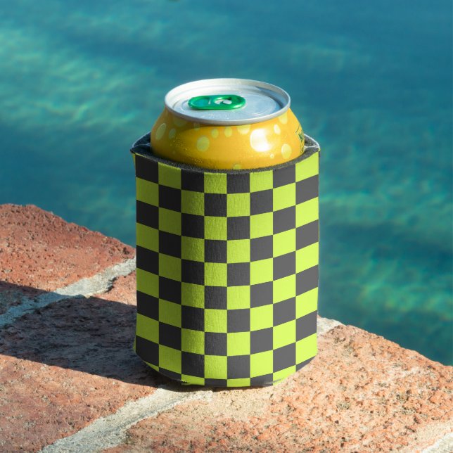 Vibrant Green and Grey Chequered Pattern Can Cooler (In Situ Pool)