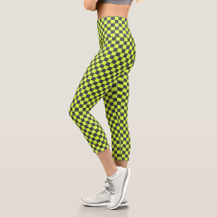Vibrant Green and Grey Chequered Pattern Capri Leggings