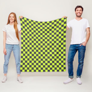 Vibrant Green and Grey Chequered Pattern Fleece Blanket