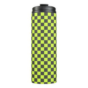 Vibrant Green and Grey Chequered Pattern Thermal Tumbler