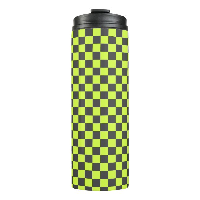Vibrant Green and Grey Chequered Pattern Thermal Tumbler (Front)