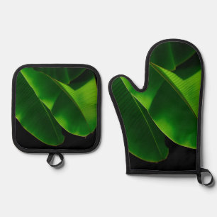 Vibrant Green Banana Leaf Tropical Closeup Oven Mitt & Pot Holder Set