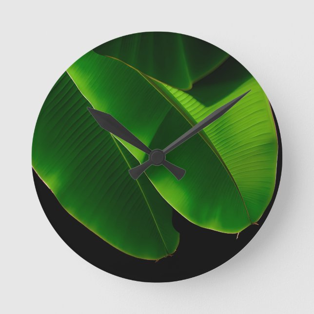 Vibrant Green Banana Leaf Tropical Closeup Round Clock (Front)
