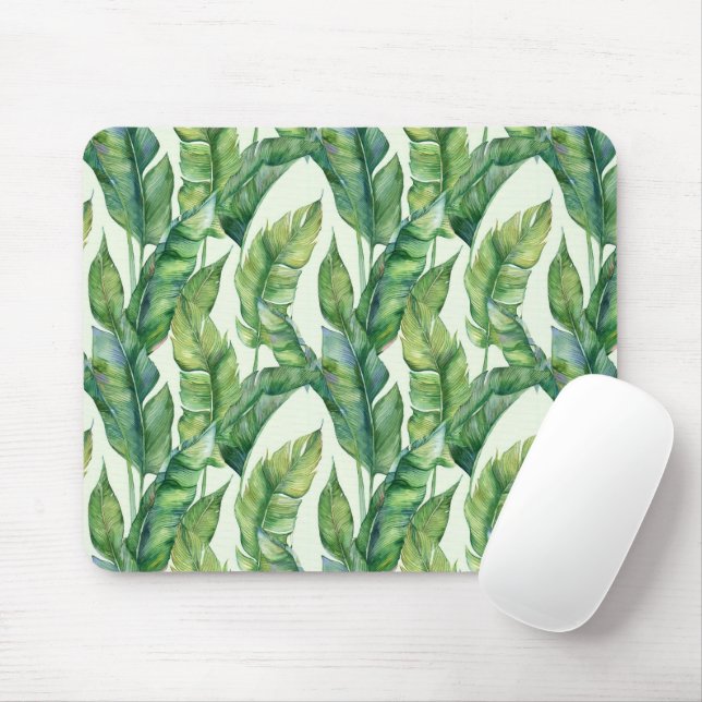 Vibrant Green Banana Leaves Watercolor Pattern Mouse Pad (With Mouse)