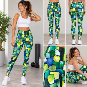 Vibrant Green Blue Geometric Mosaic Abstract Art Leggings