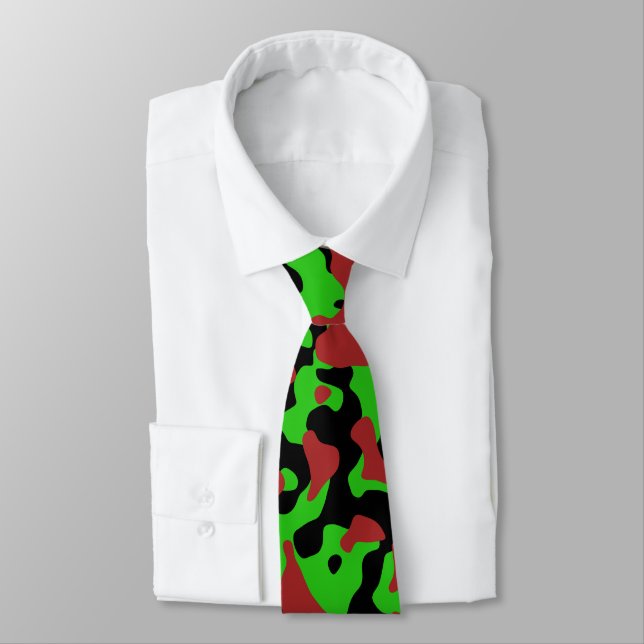 Vibrant Green, Bold Red, and Black Camouflage  Tie (Tied)