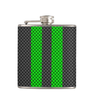 Vibrant Green Carbon Fibre Style Racing Stripes Hip Flask