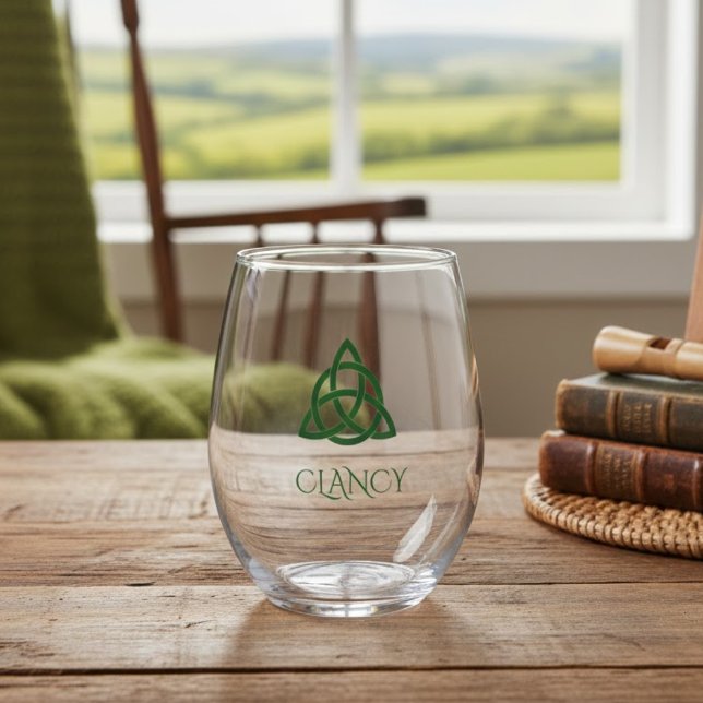 Vibrant Green Celtic Trinity Knot Family Name Stemless Wine Glass (Creator Uploaded)