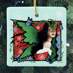 Vibrant Green Fantasy Masquerade Fairy Christmas Ceramic Ornament