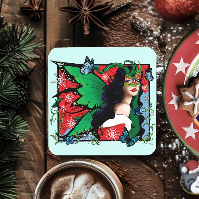 Vibrant Green Fantasy Masquerade Fairy Christmas Coaster (Creator Uploaded)