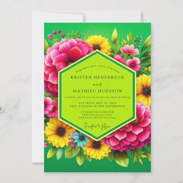 Vibrant Green Floral Summer Wedding Invitation (Front)