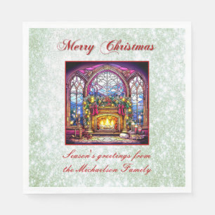 Vibrant Green Glitter Stained Glass Cosy Fireplace Napkin