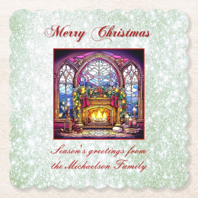Vibrant Green Glitter Stained Glass Cosy Fireplace Paper Coaster (Front)