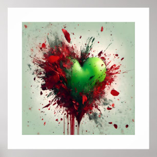 Vibrant Green Heart With Scattered Red Petals Poster