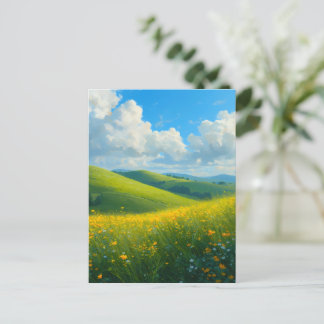Vibrant Green Hills & Yellow Flowers Landscape Ar Postcard