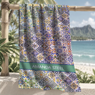 Vibrant Green Italian Majolica Floral Motif Beach Towel