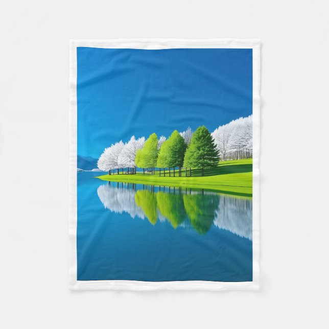 Vibrant Green Lakeside Trees Fleece Blanket (Front)