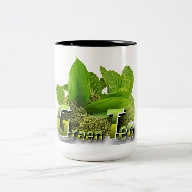 Vibrant Green Minimalist Green Tea Design Two-Tone Coffee Mug (Center)