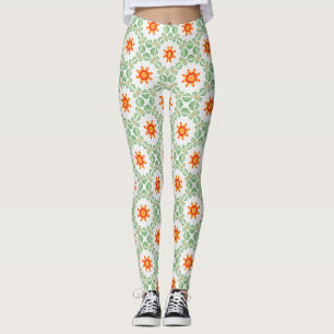 Vibrant Green & Orange Floral Leaf Pattern Legging