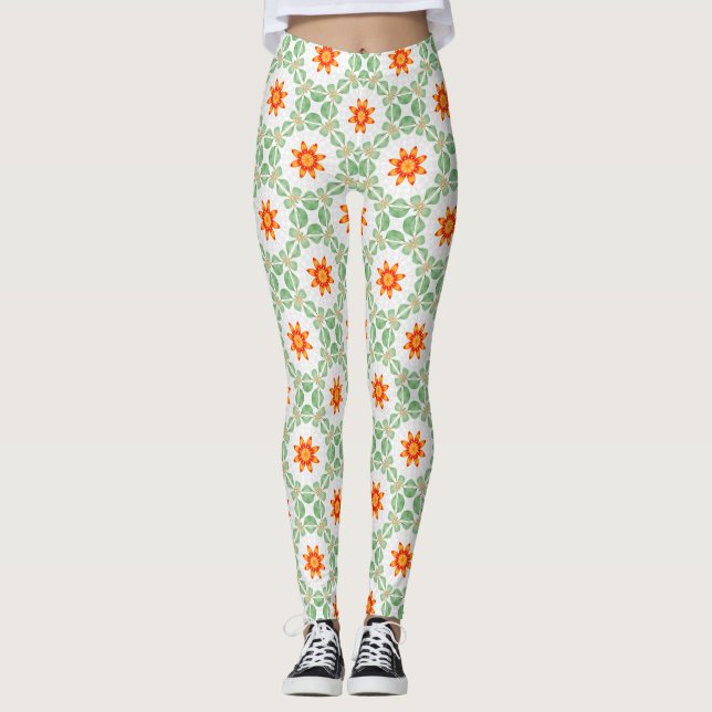 Vibrant Green & Orange Floral Leaf Pattern Legging (Front)