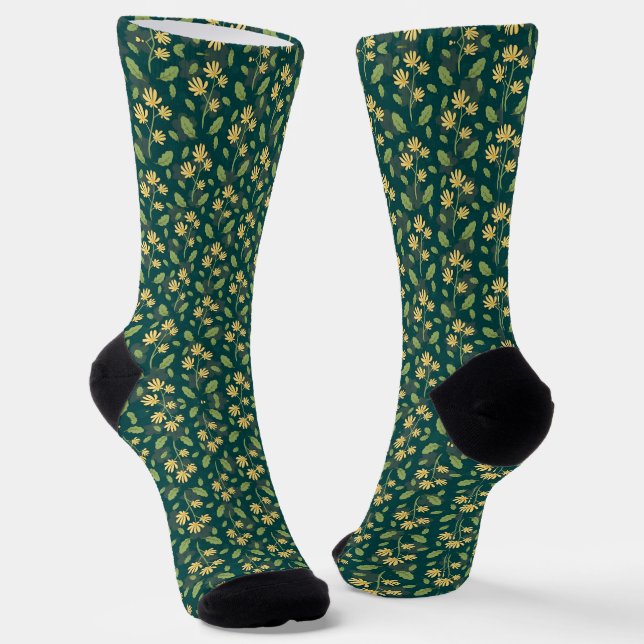 Vibrant Green Pattern with Yellow Flowers & Leaves Socks (Angled)