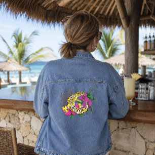 Vibrant Green Playful Leopard Gecko Floral Denim Jacket