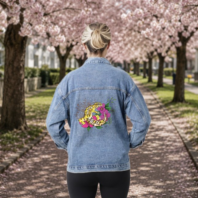 Vibrant Green Playful Leopard Gecko Floral  Denim Jacket (Creator Uploaded)