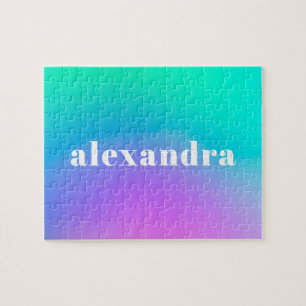 Vibrant Green Purple Abstract Gradient Name Jigsaw Puzzle