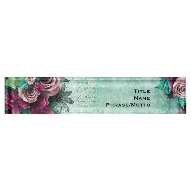 Vibrant Green & Purple Roses 3D vintage script Nameplate (Front)