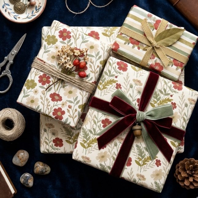 Vibrant Green & Red Wildflowers Watercolor TMF26 Wrapping Paper Sheet (Spring Botanical and Bloom Wrapping Paper Sheets Set with Three Green and Red Watercolor Effect Desi)